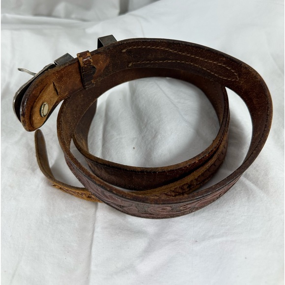 Vintage 4 piece sterling tan western tooled leather belt small - Picture 11 of 13